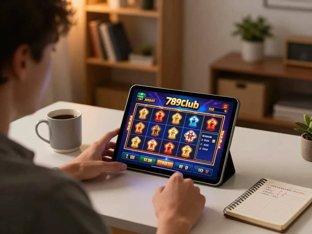Player enjoys 789club gaming app on tablet in cozy home setting, illustrating responsible gambling.