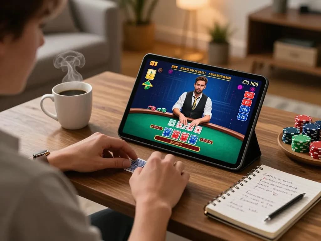 Vin88 player engaged in a live blackjack game using a tablet in a cozy home setting, showcasing strategic elements.