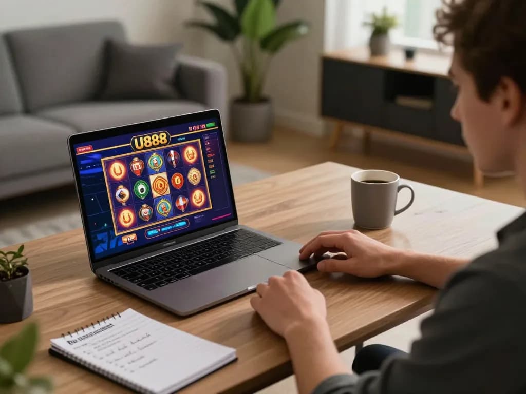 Experience U888 online slots in a cozy home setting with strategic gaming notes visible.
