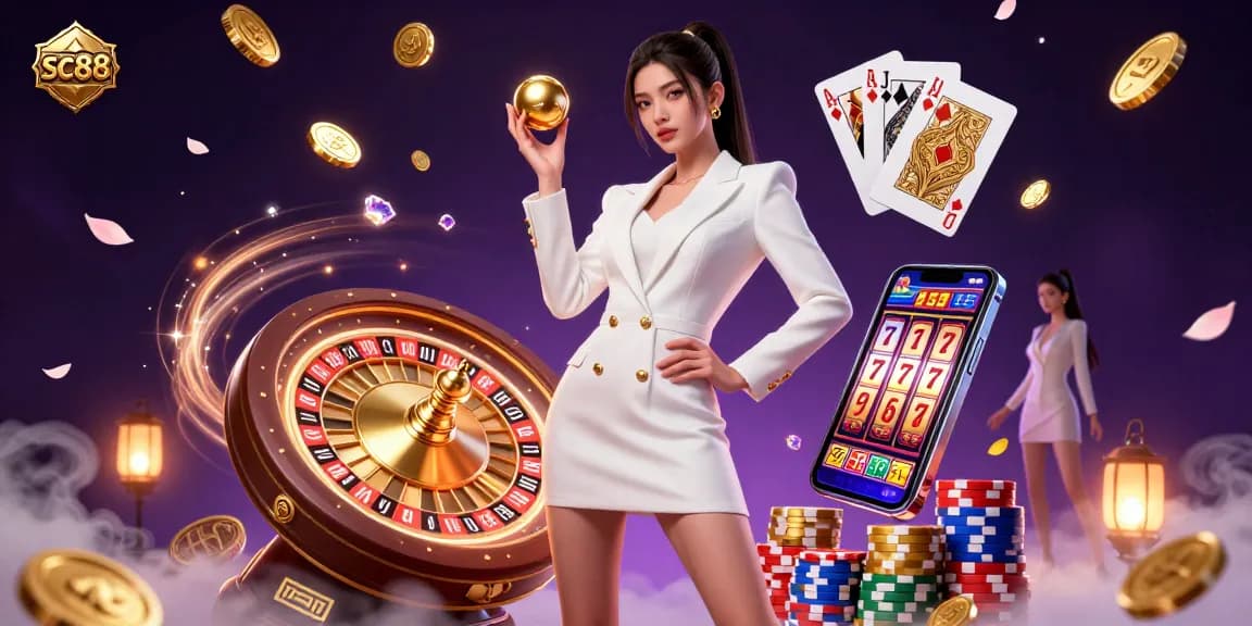 Experience thrilling moments at SC88 Casino with spinning roulette wheels and vibrant poker elements.