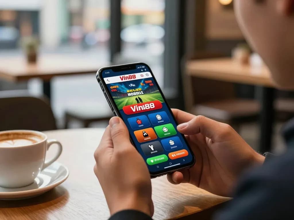 Tải app Vin88 on a smartphone screen while enjoying dynamic mobile sports betting in a vibrant cafe setting.