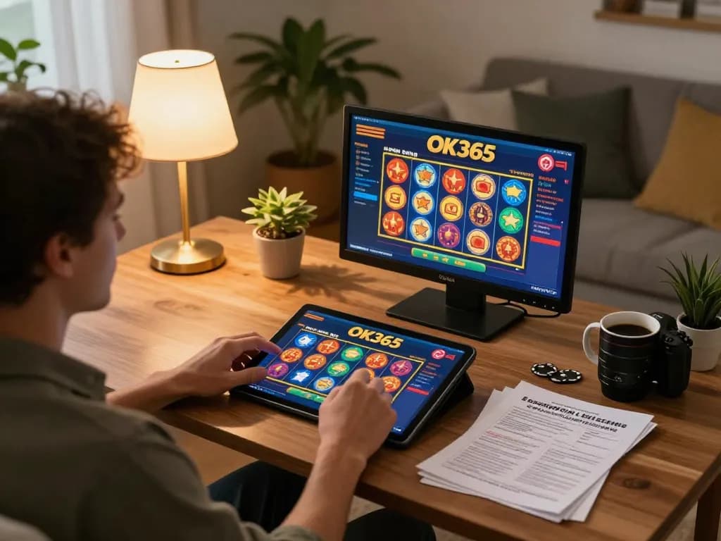Engaging with OK365's online slots in a cozy home setting, showcasing responsible gambling