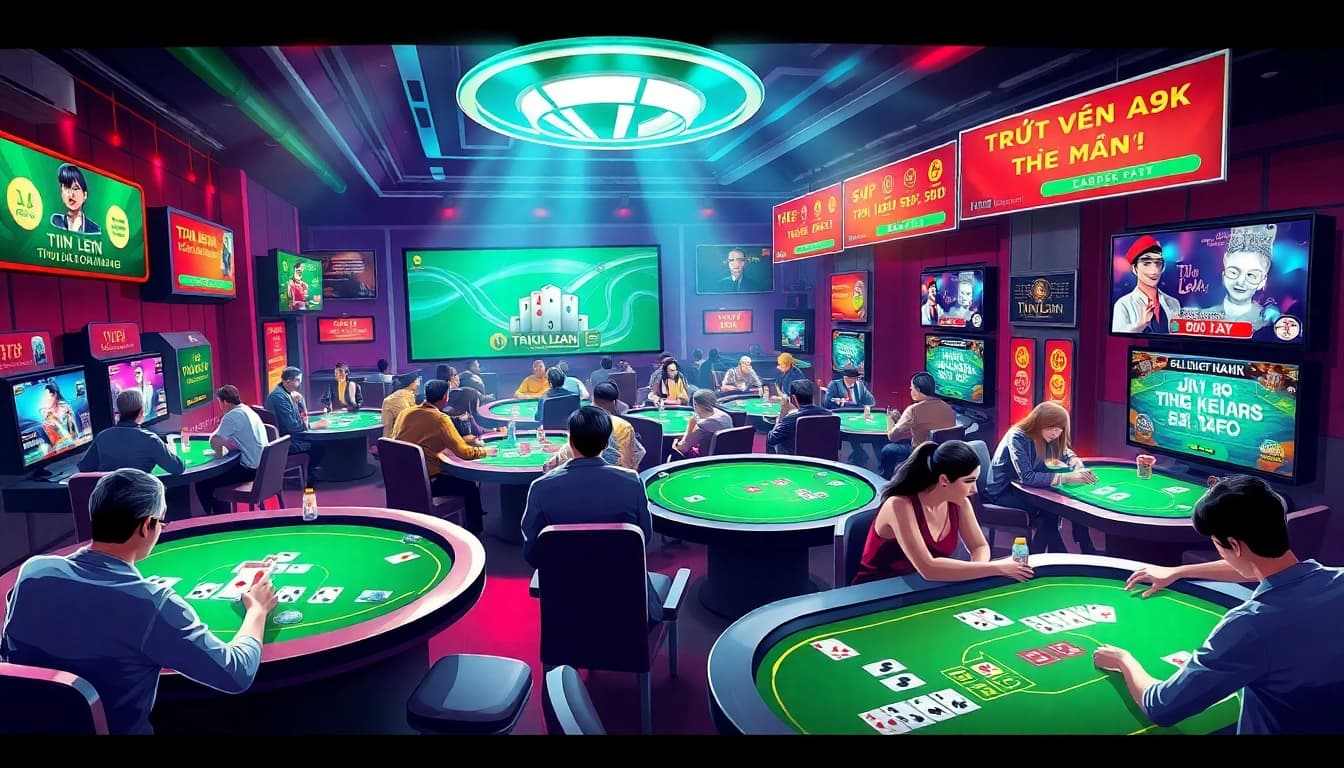 Exciting online gaming scene from gamebaidoithuong.com.vc showcasing players enjoying card games with vibrant graphics.