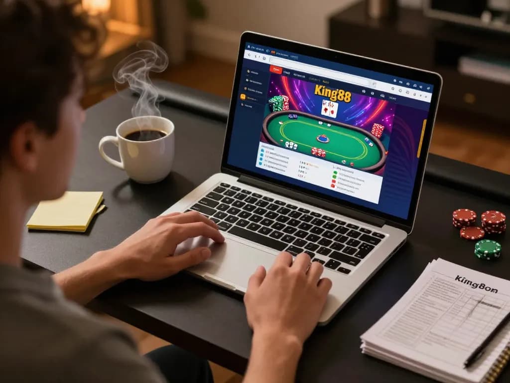 Engaged user playing poker on king88 com, demonstrating a strategic online gambling session at home.