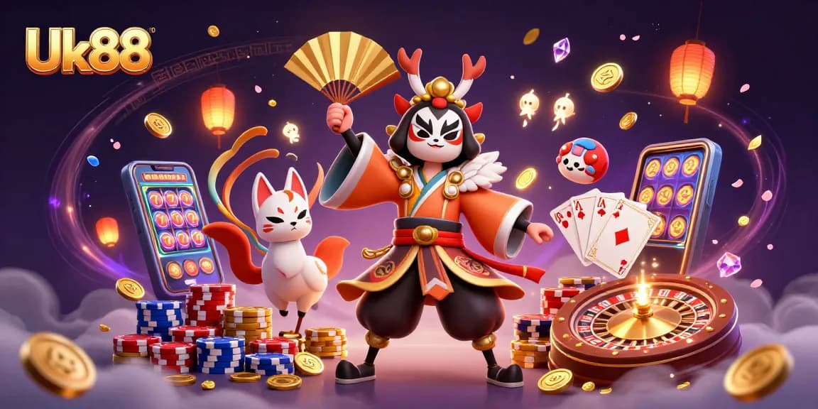 Experience winning thrills with Uk88 in this vibrant 3D casino illustration.