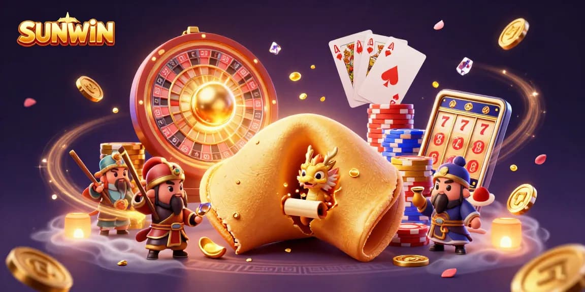 SUNWIN players engaging with exciting casino games in a vibrant 3D scene filled with golden treasures.