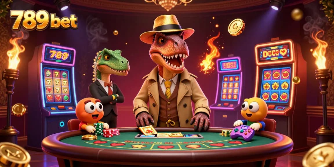 Join the 789 bet experience at a vibrant casino scene, featuring a velociraptor card counter amidst colorful slot machines.