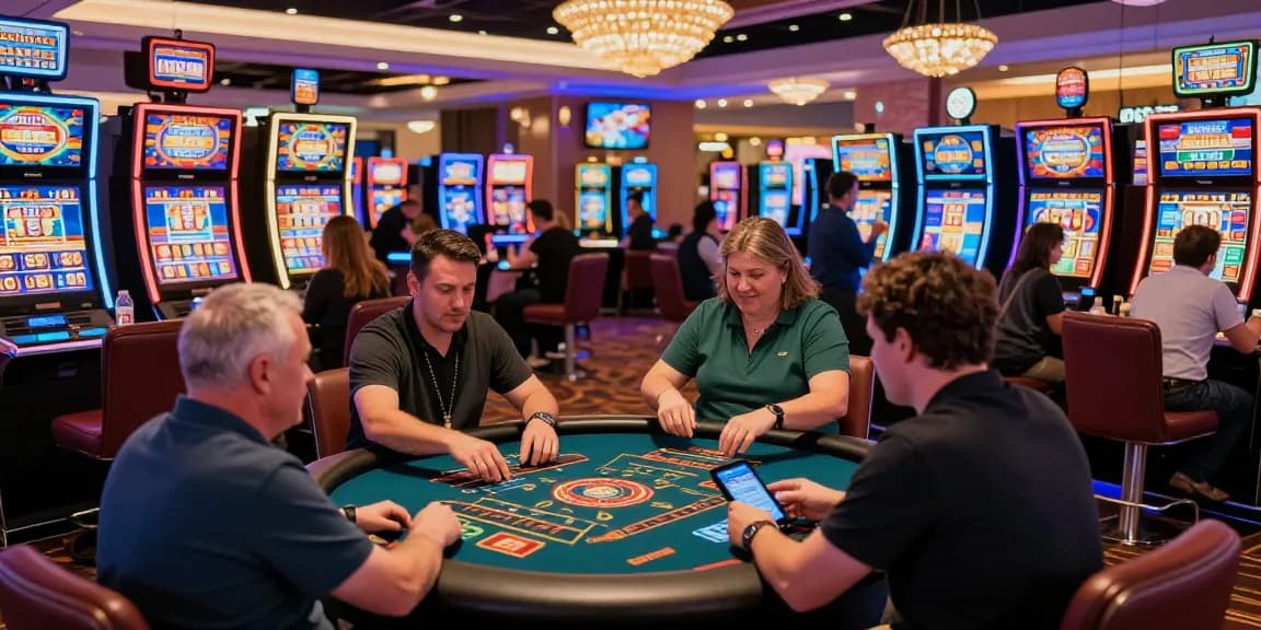 Players at credit card casinos enjoying games and promotions in a vibrant casino atmosphere