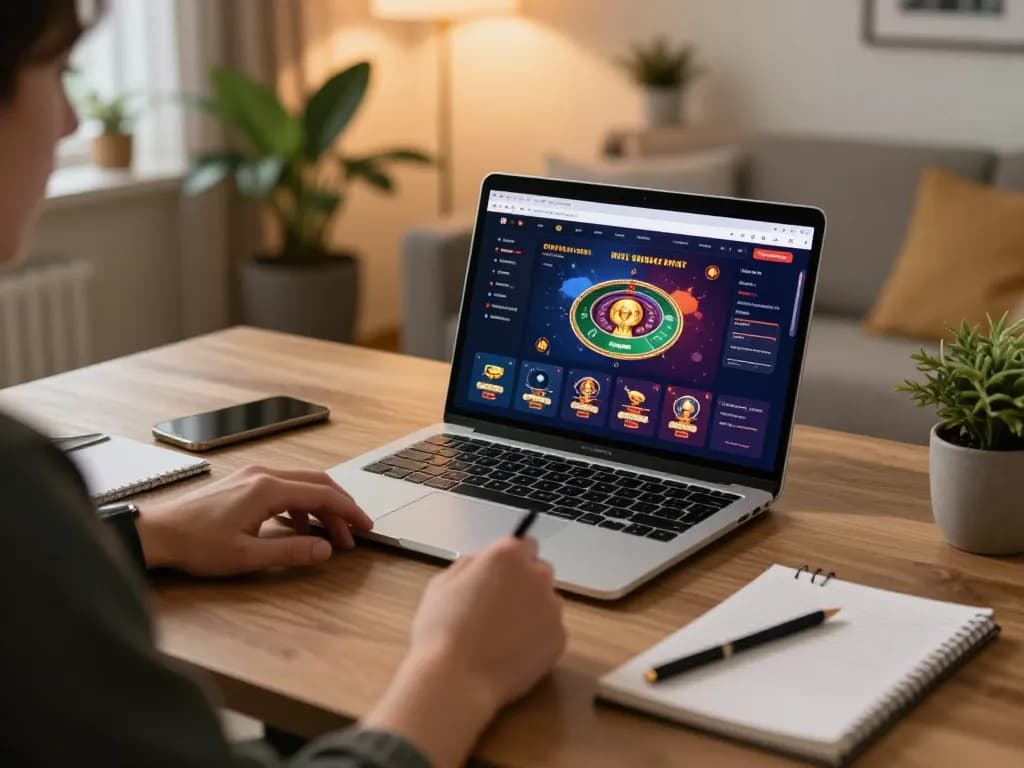Engaging in online casino gaming experience link vào nk88 on a sleek laptop with strategic notes