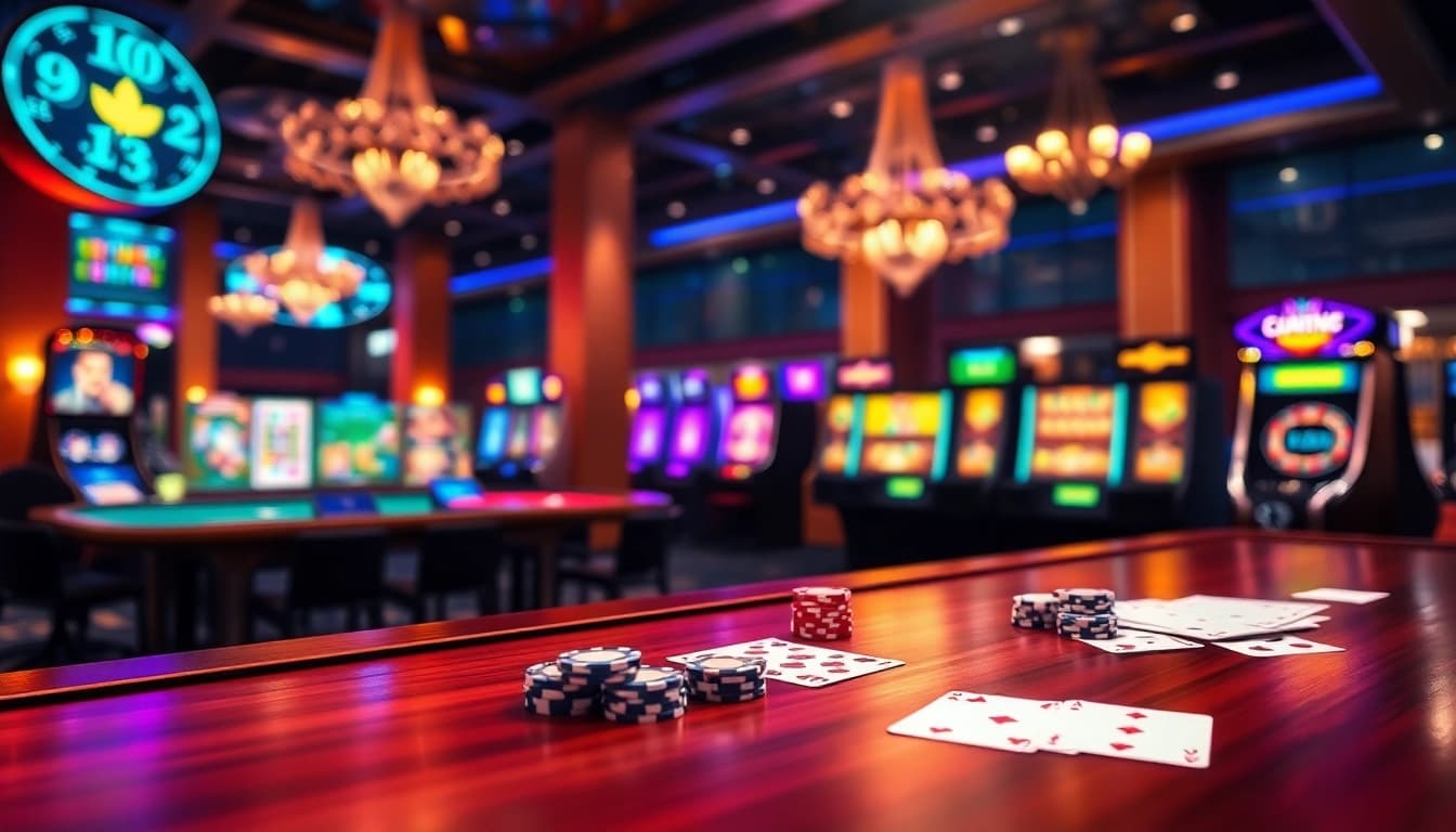 Experience thrilling gaming at the Cổng game Go8, featuring poker tables and vibrant slot machines.
