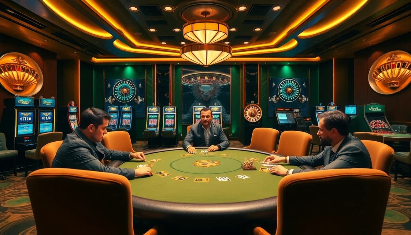 Excited players enjoying a thrilling poker game at Fun 88 casino with luxurious surroundings.