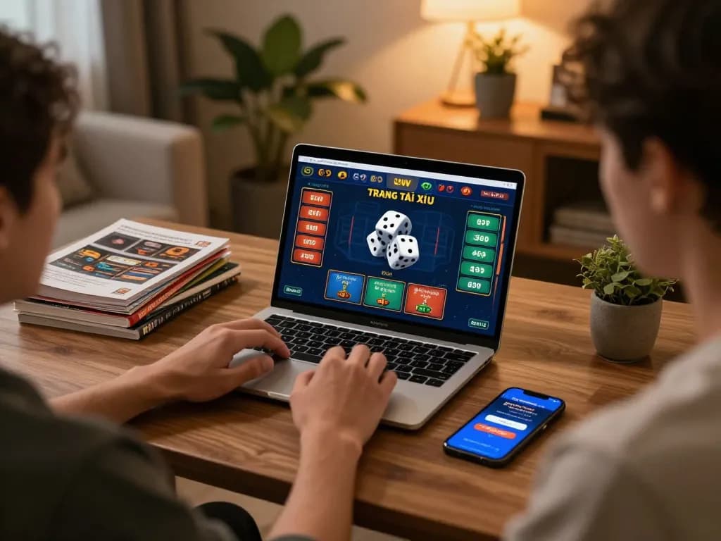 Engaging player enjoying Trang tài xỉu online game on laptop with strategy notes visible.