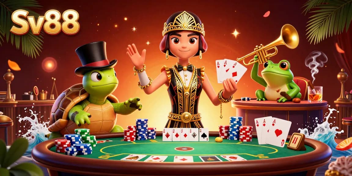 Engage with Sv88 at a vibrant casino scene featuring a poker-themed 3D illustration.