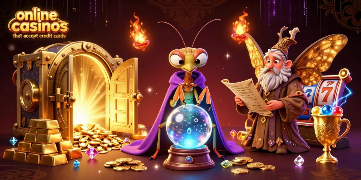 Immerse in online casinos that accept credit cards with vibrant casino characters and treasures in a magical setting.