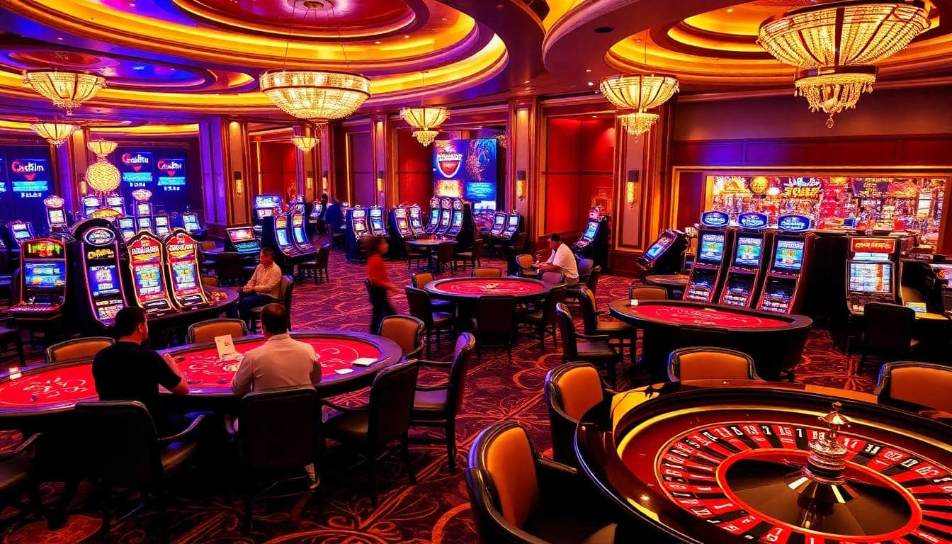 Experience the excitement of LuckyWin with vibrant gaming tables and bright slot machines.