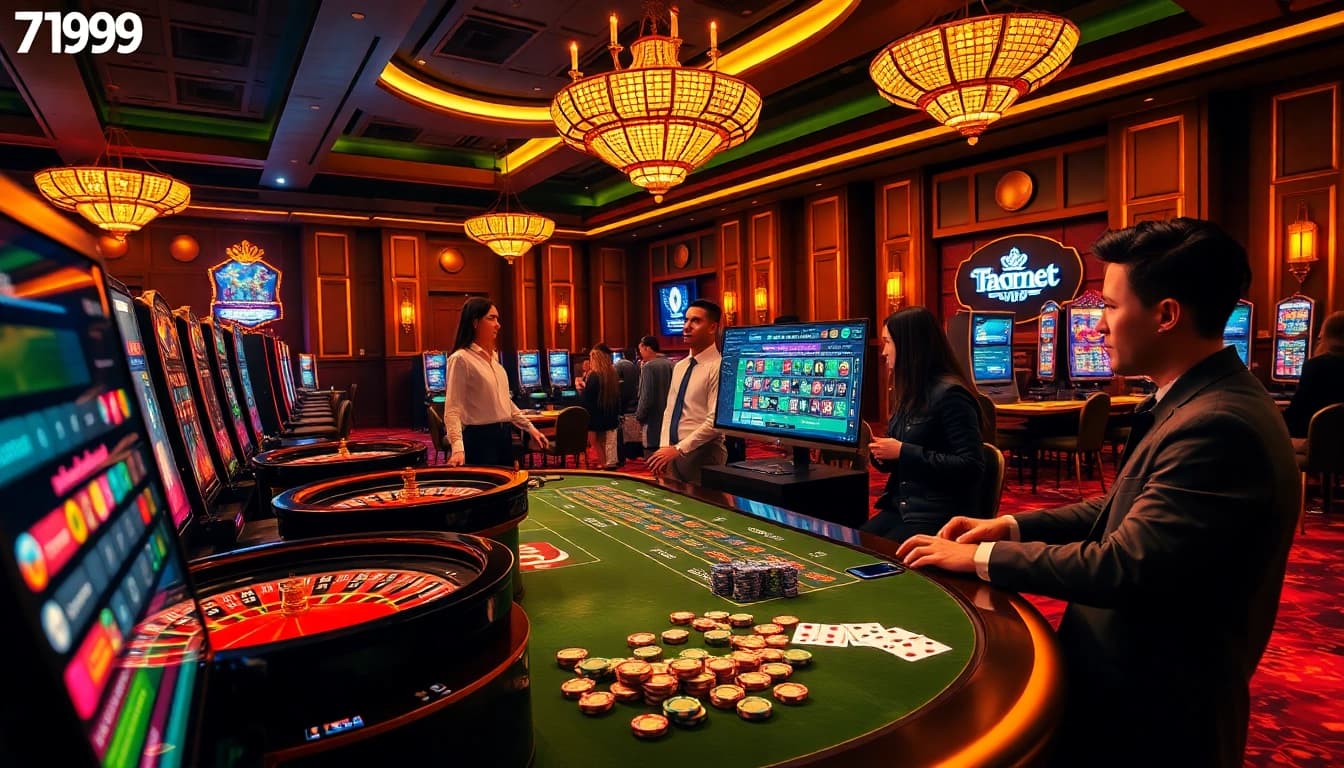 Engaging gamblers at a 789bet casino table with roulette, slot machines, and poker excitement.