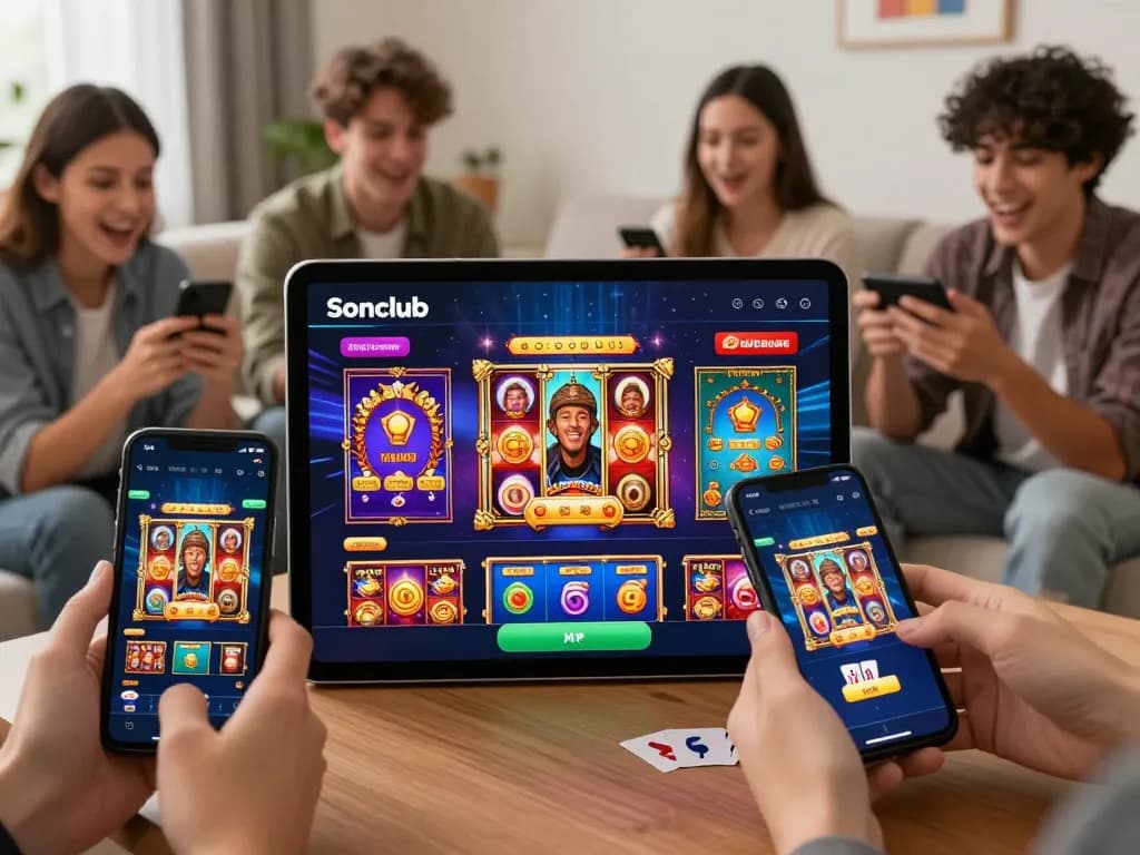Players excitedly tải sonclub on mobile devices in a lively home gaming environment, showcasing the fun of online betting.