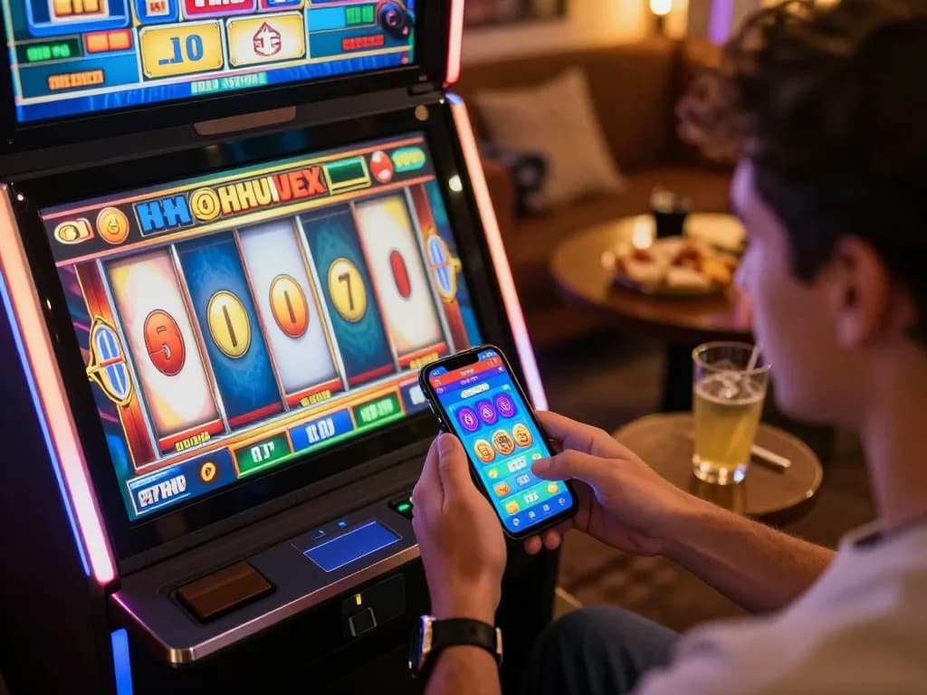 Player enjoying vibrant nohu90nohu slot machine game on smartphone, colorful interface and cozy setting