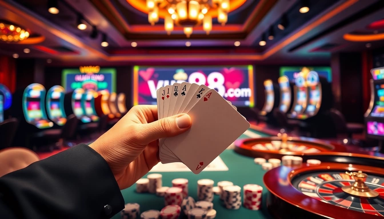 Experience the excitement of online gambling at vu88.com with vibrant casino tables and poker chips.