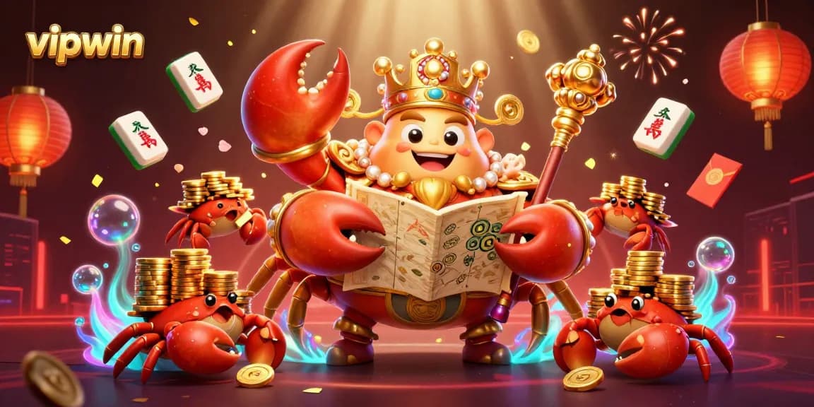 Engage with vipwin's vibrant casino world, featuring a golden crab emperor, treasure map, and lively gaming symbols.
