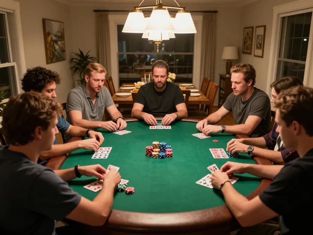 Friends engaged in an exciting poker game at home, showcasing Ev88 spirit with strategic gameplay and camaraderie.