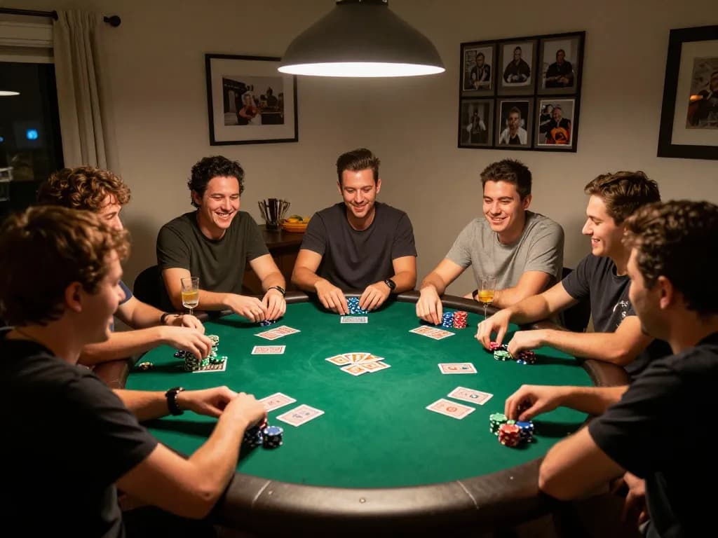 A group enjoying a poker night around a green felt table, fully engaged in gameplay at SC88