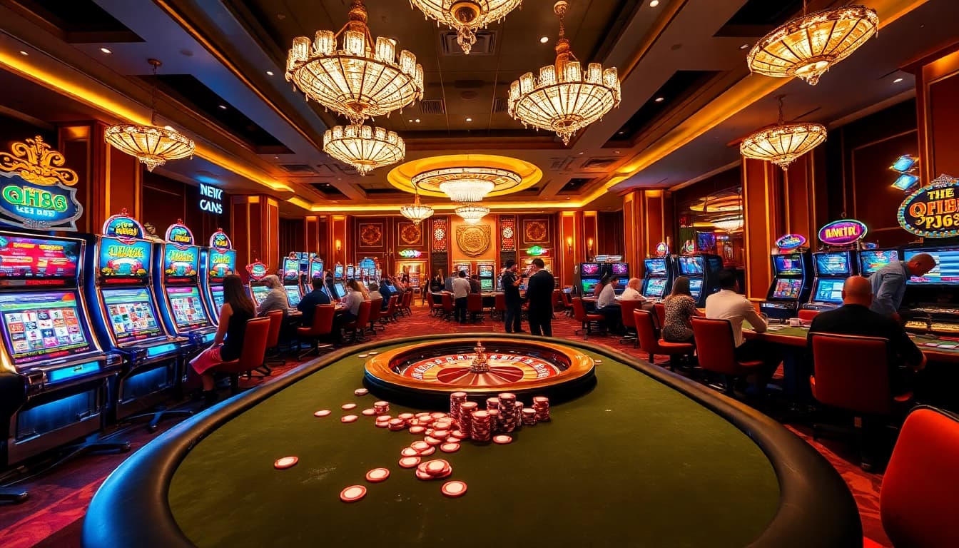 Players engaging at a high-stakes poker table in qh88's luxurious casino setting.