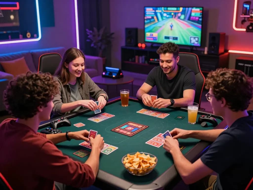 Friends enjoying a gaming night with VUA99 card games and snacks.