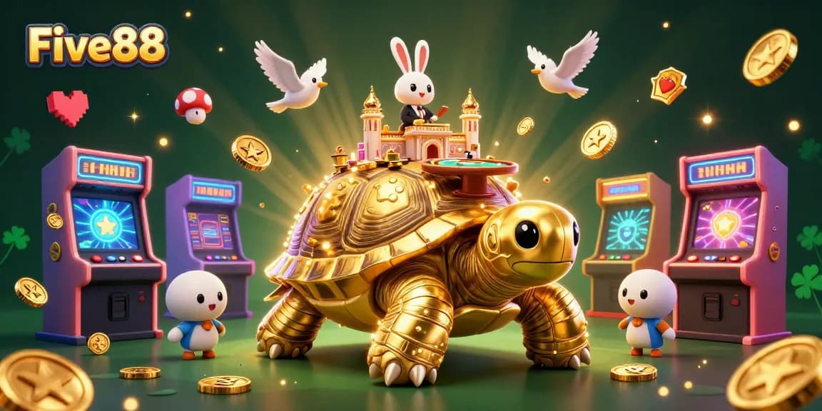 Join the excitement at Five88 with a lively casino scene featuring a golden tortoise and vibrant game elements.