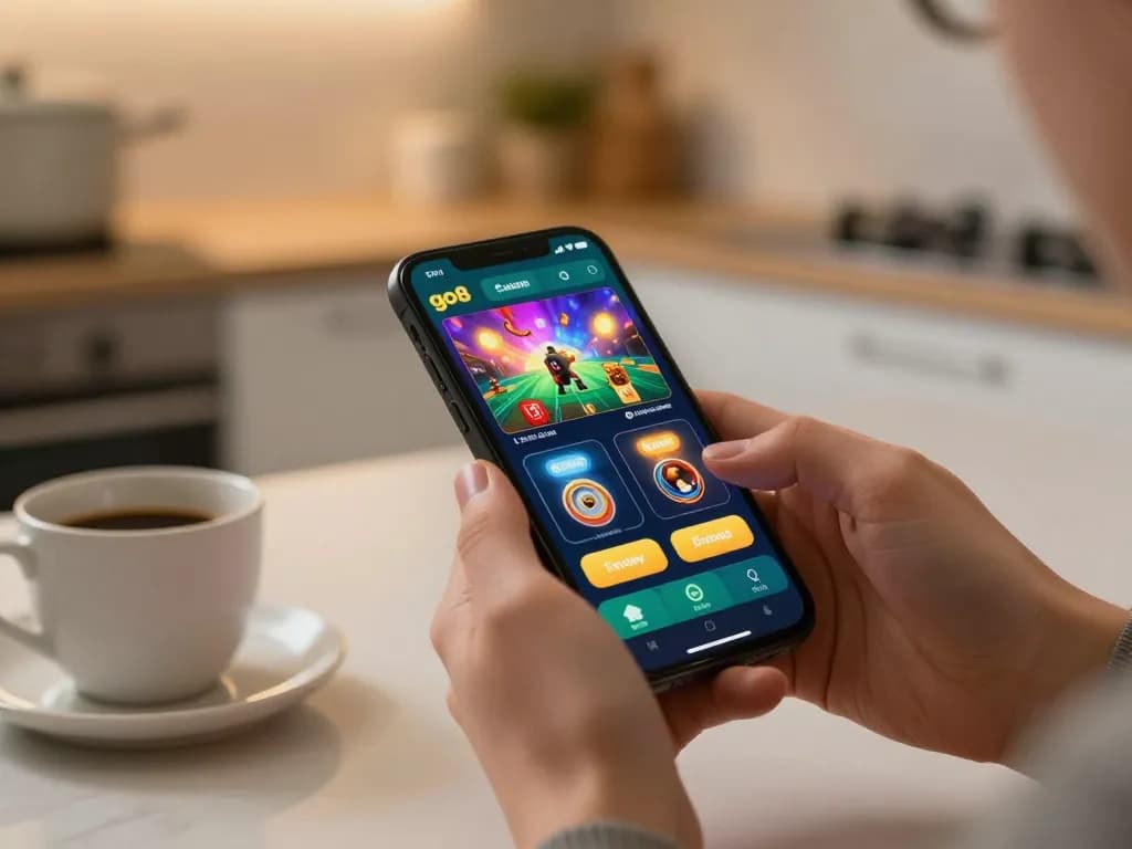 Engaging in mobile gambling with go8 casino app on a smartphone in a cozy setting