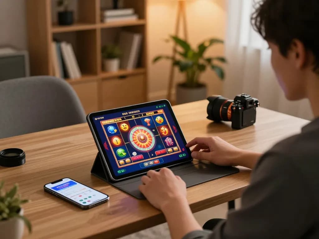 Player enjoying a vibrant pucuk138 online slot game on a tablet, showcasing a colorful gaming setup.