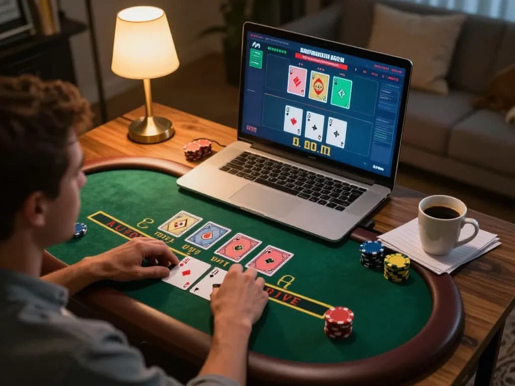 Engaging in live dealer blackjack at home, highlighting a strategic approach in the online casino experience with co88.