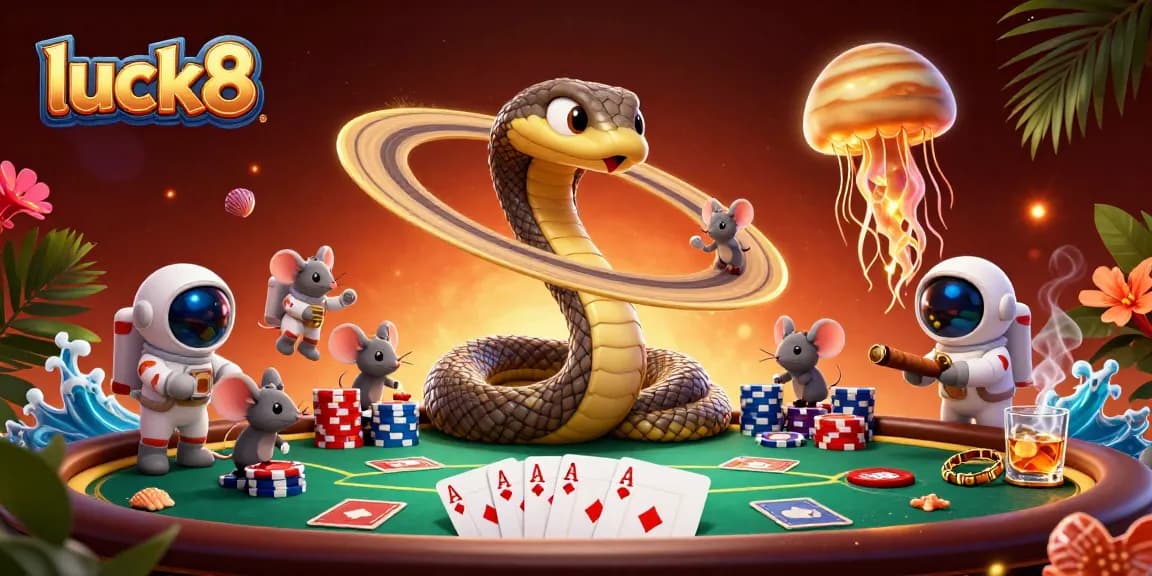 Experience luck8 with a thrilling illustration of a cosmic casino, showcasing unique characters and dynamic gambling elements.