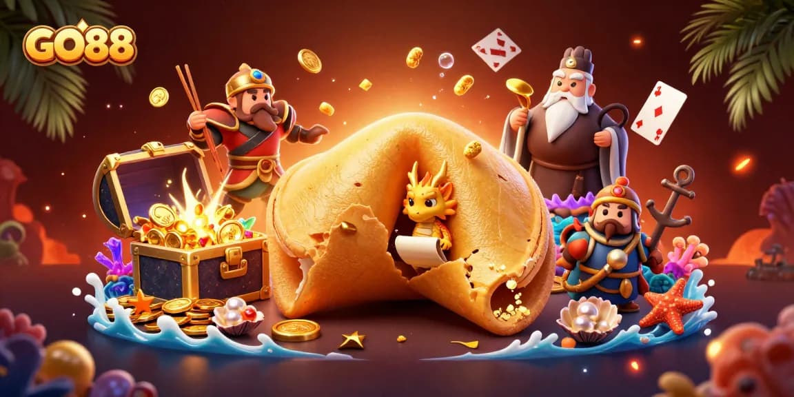 Engage with GO88 by uncovering fortune messages hidden in golden cookie, surrounded by exciting casino elements.