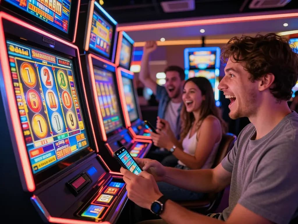 Player enjoying fun88 slot machine as friends cheer in a lively casino atmosphere.