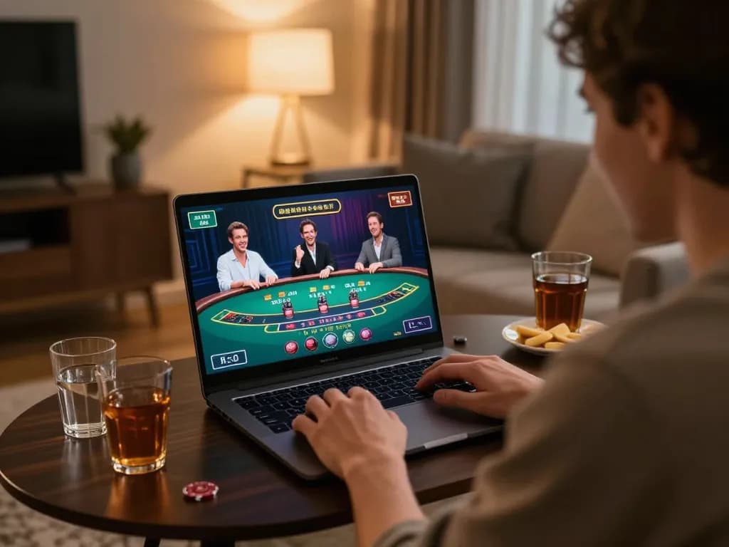 Engaging in live dealer baccarat with debet on a laptop in cozy home setup
