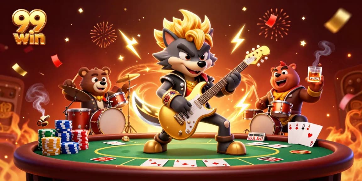 Engage in the thrilling world of 99 win with a rockstar wolf at a vibrant casino scene.