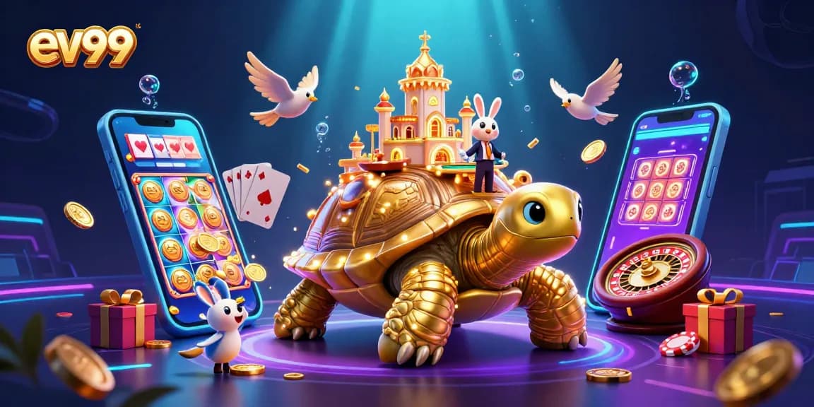 Win big at ev99 with a vibrant casino scene featuring gold coins, slot games, and a lively atmosphere.