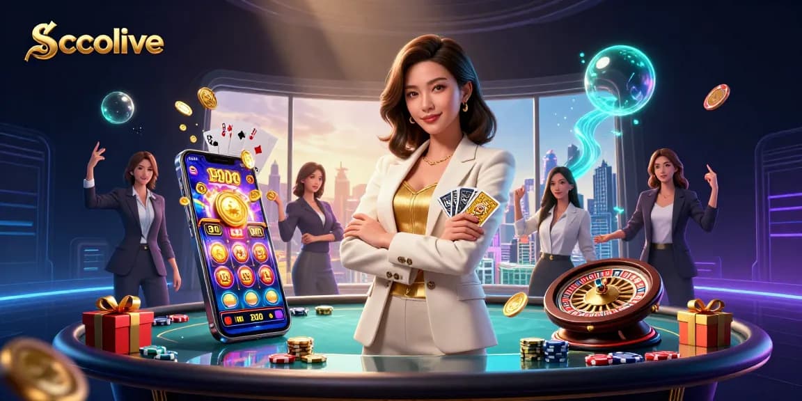 Socolive offers thrilling casino experiences with a glamorous Asian woman showcasing poker skills.