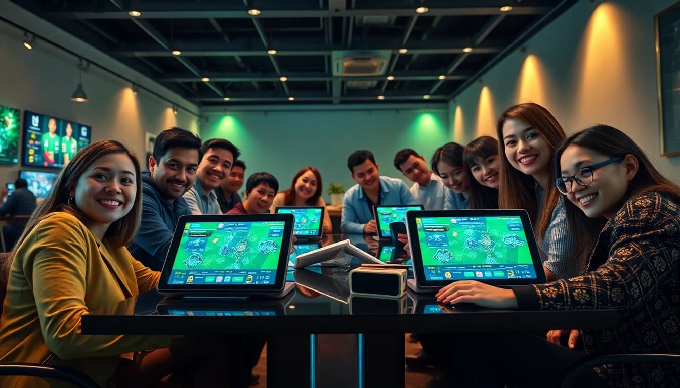 Exciting SBOBET online betting experience with diverse players engaged around digital gaming interfaces.