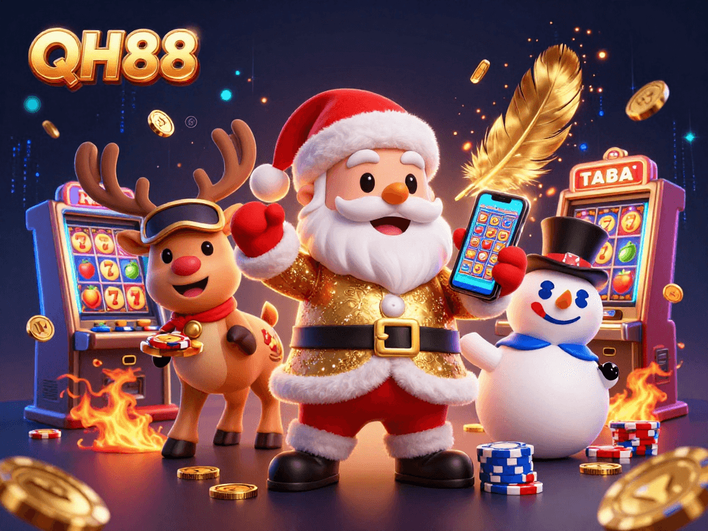 Experience QH88's thrilling jackpot slots with Santa Claus and friends in this vibrant casino scene.
