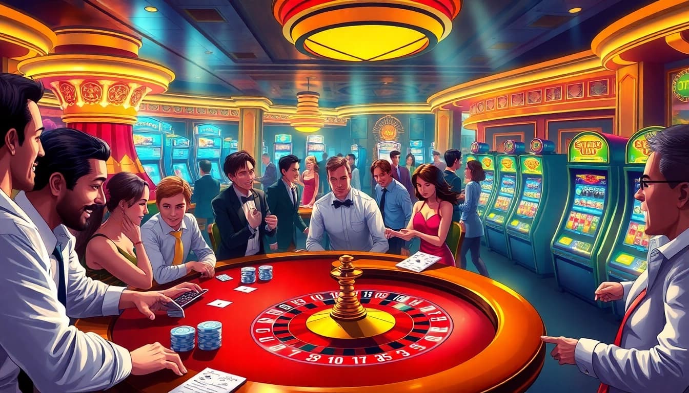 Gamblers enjoying the thrilling atmosphere at 789f casino with poker chips, cards, and slot machines.