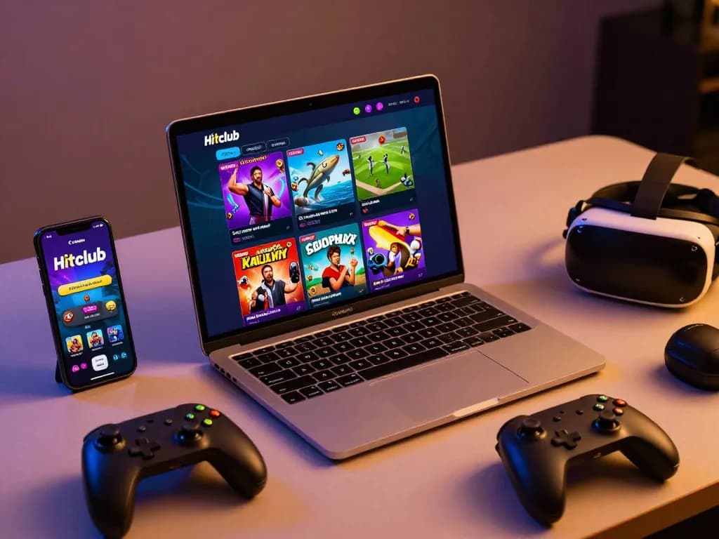 Hitclub online gaming experience with diverse games on laptop and smartphone in vibrant digital atmosphere.