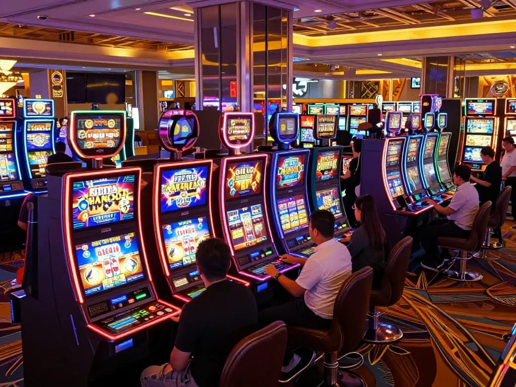 Engaging scene of players enjoying slot gacor games at a lively casino, vibrant lights and machines.