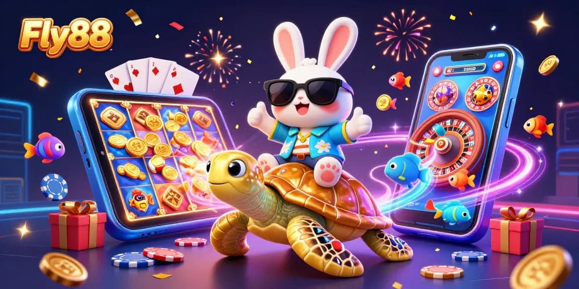 Experience thrilling wins at Fly88 with an energetic scene of 3D cartoon characters celebrating casino games.