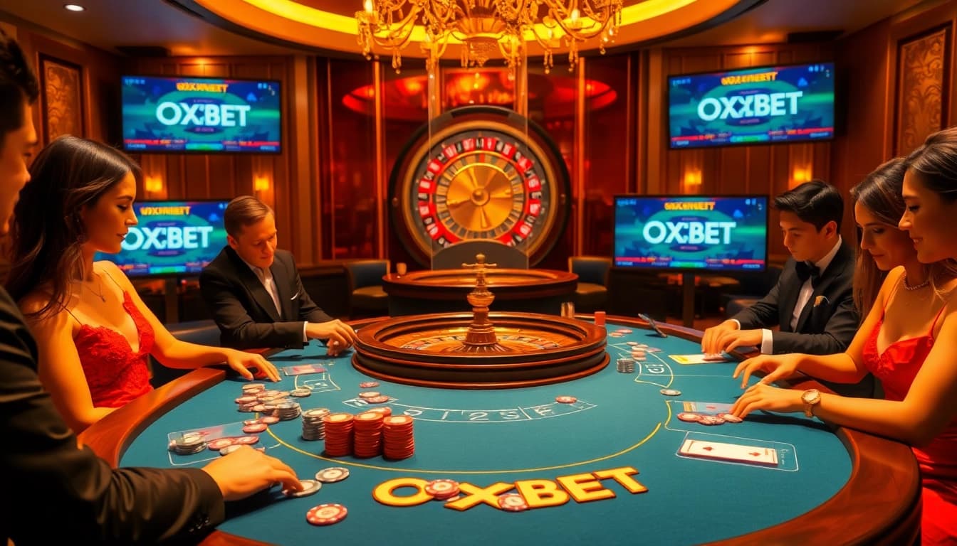 Experience the thrill of gambling with OXBET at an elegant casino table featuring vibrant chips and cards.