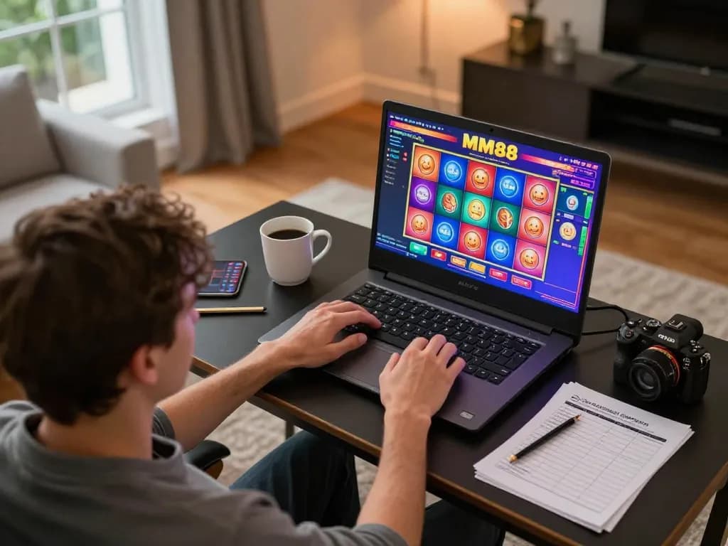 Engaged player immersed in MM88 online slot gaming, showcasing dynamic interface on a laptop in a cozy home setting