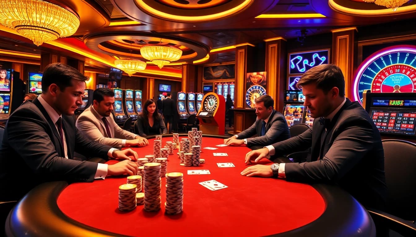 Players engage in a thrilling poker game at mu88, showcasing luxury and excitement in online gambling.