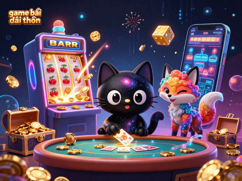 Win big with game bài đổi thưởng in a vibrant cosmic casino scene full of characters and effects.