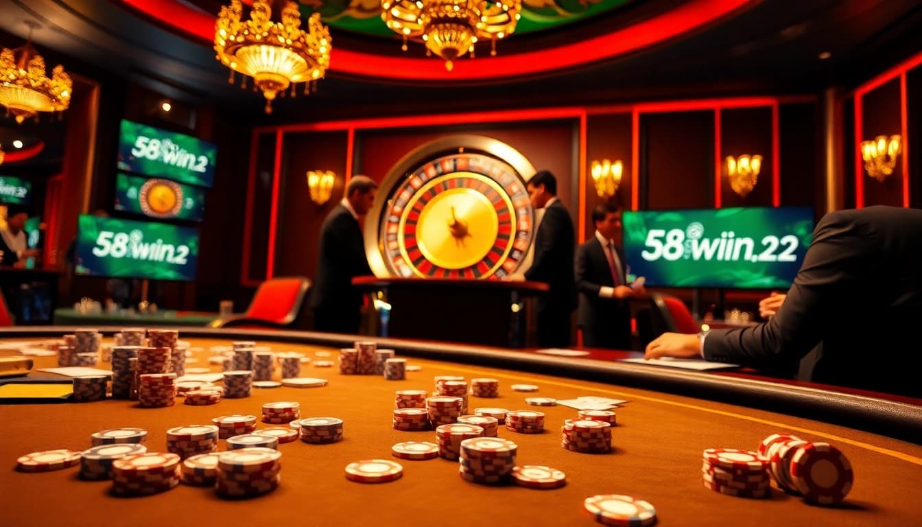 Engage in thrilling gameplay at 58win 32 casino, featuring poker chips and roulette action.